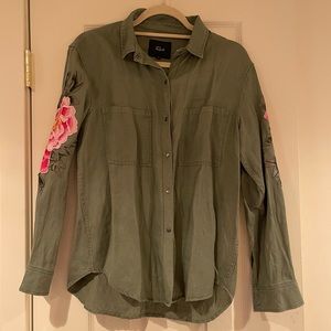 Rails Olive Green Button Down with floral embroidery
